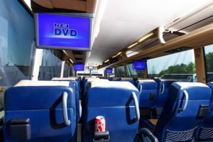 Inside luxury coach Via Adventures bus.