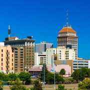 Fresno downtown skyline view with a clear blue sky in the background. Fresno, California.